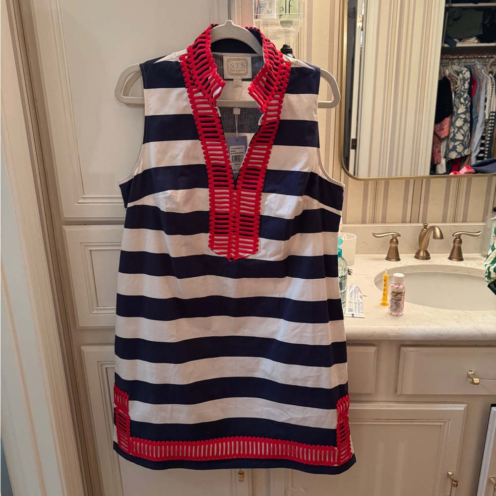 Striped Navy and White Mini Dress with Red Accents